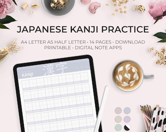 Japans Kanji-oefenpapier - Afdrukbare werkbladen Goodnotes Notability Digitale studentenstudiewerkbladen - Letter A4 Halve letter A5