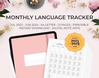 2023-2024 School Year | Monthly Language Tracker Printable Digital Download GoodNotes Notability Speaking Listening Grammar Vocab Writing