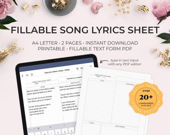 Song Lyrics Study Sheet, Fillable PDF, Language Learning