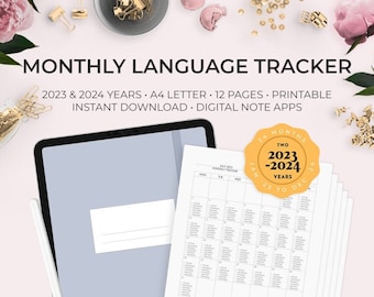 2023 & 2024 Two Full Years | Monthly Language Tracker Printable Digital Download GoodNotes Speaking Listening Grammar Vocab Writing