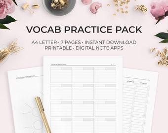 Vocab Practice Pack Printable Language Learning Sheets Worksheets Digital Download Study Student Spanish French German Japanese Korean
