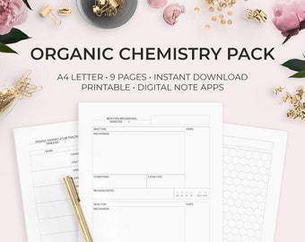 May include: A printable pack of 9 A4 letter-sized pages for studying organic chemistry. The pages include sections for reaction mechanisms, conditions, catalysts, revision notes, and steps. The pack is designed for use with digital note apps.
