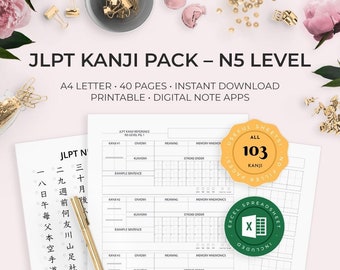 JLPT Beginner N5 Level Kanji Pack Worksheets Practice Writing Japanese Learn Characters Hiragana Katakana Kana Onyomi Kunyomi Language Learn