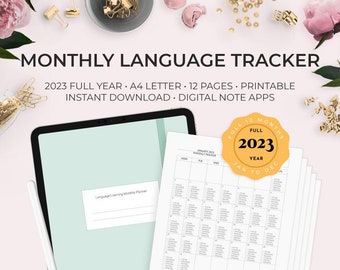 2023 Full Year | Monthly Language Tracker Planner Printable Digital Download GoodNotes Notability Speaking Listening Grammar Vocab Writing