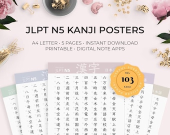 JLPT Beginner N5 Level Kanji Posters – Worksheets Practice Japanese Learn Characters Hiragana Katakana Kana Onyomi Kunyomi Language Learn