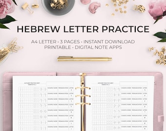Könnte beinhalten: Ein druckbares hebräisches Alphabet-Übungsblatt mit einem Raster zum Schreiben jedes Buchstabens. Das Blatt enthält Beispielwörter und deren Aussprache. Der Text auf dem Blatt lautet "Hebrew Letter Practice", "A4 Letter 3 Pages Instant Download Printable Digital Note Apps", "Alphabet Practice Sheet Hebrew Pg 1", "Alphabet Practice Sheet Hebrew Pg 3", "Practice Makes Perfect Keep Going!" und "Great Work You Did!!"