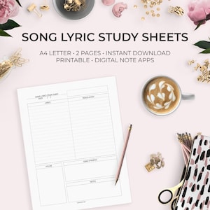 K&ouml;nnte beinhalten: Druckbare Songtext-Studienbl&auml;tter im A4-Format. Die Bl&auml;tter enthalten Abschnitte f&uuml;r Songtexte, &Uuml;bersetzung, Vokabeln, Song-Synopsis und Notizen. Die Bl&auml;tter sind f&uuml;r digitale Notiz-Apps konzipiert.