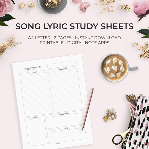 Song Lyrics Language Learning Study Sheet Vocabulary Sheets Worksheets Digital Download Study Student French German Japanese Korean Spanish