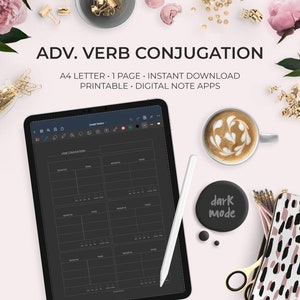 Dark Mode All Tense Verb Conjugation Sheet Foreign Language Learning Student Printable Download Study Worksheet Grammar