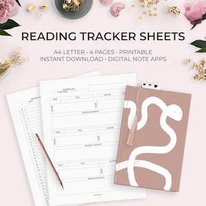 May include: Printable reading tracker sheets in A4 letter size. The sheets have sections for date, title, author, pages read, and a reading summary. The sheets are designed to help people track their reading progress.