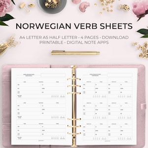 Puede incluir: Un conjunto de hojas de trabajo imprimibles de conjugación de verbos noruegos. Las hojas de trabajo están diseñadas para ser utilizadas con una carpeta estándar A4 o A5. Las hojas de trabajo incluyen espacio para escribir el verbo, el infinitivo, el presente y el pasado. Las hojas de trabajo también están diseñadas para ser utilizadas con aplicaciones de toma de notas digitales.