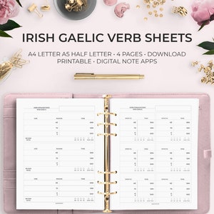 May include: A printable set of four Irish Gaelic verb conjugation worksheets. The worksheets are designed for use in a planner or notebook. The worksheets are in black and white and feature a simple design.