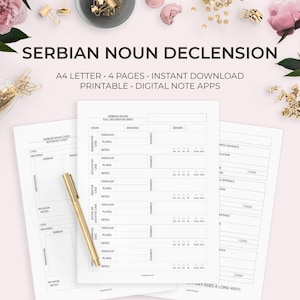 May include: A printable worksheet for learning Serbian noun declension. The worksheet includes a table with columns for case, meaning, Serbian, English, singular, plural, notes, and example. The worksheet also includes a section for gender and a section for sample sentences.