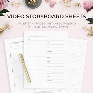 May include: Printable video storyboard sheets in A4 letter size. The sheets are designed for creating a detailed storyboard with sections for goal, beginning, middle, and ending. Each section includes fields for action, audio, and comments.