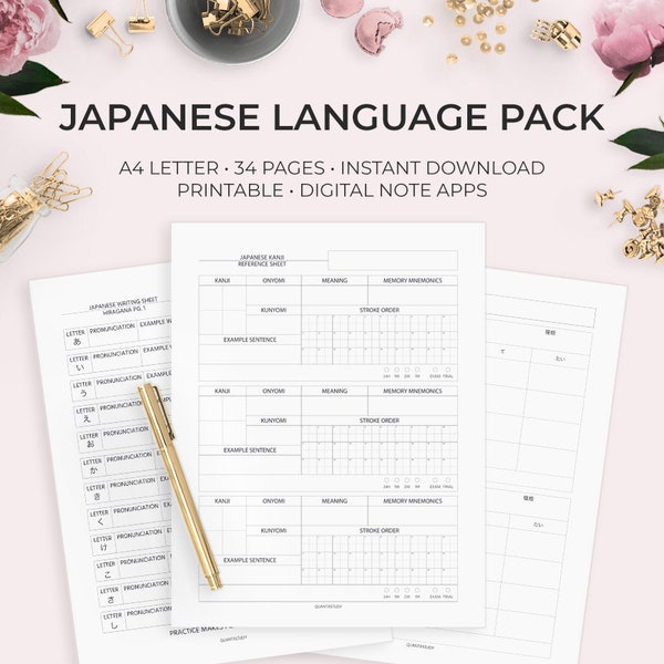 Complete Japanese Starter Pack - Kanji Hiragana Katakana Verb Conjugation Study Printable Worksheets Goodnotes Notability Language Learning