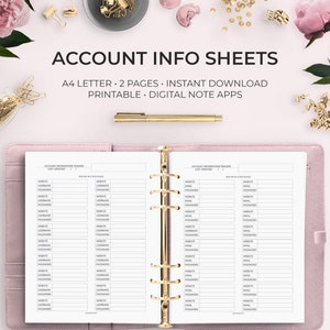 Account Information Tracker Sheets Username Email Password Online Security Printable Instant Download Notability GoodNotes Worksheet