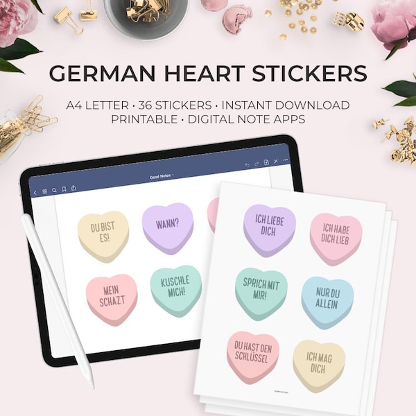 German Herzbonbon Stickers Conversation Hearts Digital Planner Bujo Valentine's Day Vocabulary Language Learning Deutsch Valentinstag Herz