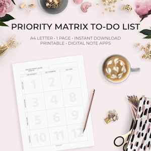 Puede incluir: Una plantilla de lista de tareas de matriz de prioridad imprimible en blanco y negro. La plantilla está dividida en una cuadrícula con 12 cuadrados numerados. El texto "DUE DATE PRIORTY MATRIX SEMESTER" está en la parte superior de la cuadrícula. El texto "DUE YESTERDAY", "DUE TOMORROW" y "DUE LATER" está en la parte superior de cada columna. El texto "TAKES 5 MINS", "TAKES 30 MINS", "TAKES HOURS" y "TAKES DAYS" está a la izquierda de cada fila. El texto "created by quantastudy on etsy.com" está en la parte inferior de la página.