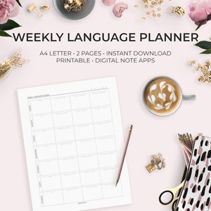 Puede incluir: Un planificador de idiomas semanal imprimible en blanco y negro con un diseño de cuadrícula. El planificador está diseñado para papel tamaño carta A4 e incluye espacio para cada día de la semana. El texto en el planificador dice "Weekly Language Planner" y "A4 Letter - 2 Pages - Instant Download - Printable - Digital Note Apps".