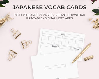Japanese Vocabulary Flashcards: Printable Language Learning Template (Digital Download)
