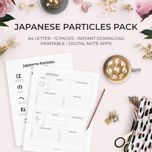 Puede incluir: Hojas de referencia de partículas japonesas imprimibles con fondo blanco y texto negro. Las hojas incluyen los caracteres japoneses para "ha", "no", "he", "ne" y "wa". Las hojas están diseñadas para su uso con aplicaciones de notas digitales.
