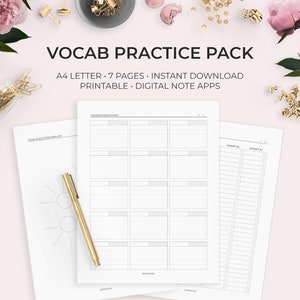 Vocab Practice Pack Printable Language Learning Sheets Worksheets Digital Download Study Student Spanish French German Japanese Korean