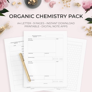 May include: A printable pack of 9 A4 letter-sized pages for studying organic chemistry. The pages include sections for reaction mechanisms, conditions, catalysts, revision notes, and steps. The pack is designed for use with digital note apps.