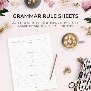 Può includere: Fogli di regole grammaticali stampabili in formato A4 e A5. I fogli hanno spazio per scrivere regole grammaticali ed esempi di frasi. Il testo sul foglio recita "Grammar Rule Sheets, A4 Letter A5 Half Letter, 10 Pages, Printable, Instant Download, Digital Note Apps, created by quantastudy on etsy.com".