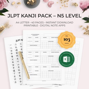 JLPT Beginner N5 Level Kanji Pack Worksheets Practice Writing Japanese Learn Characters Hiragana Katakana Kana Onyomi Kunyomi Language Learn