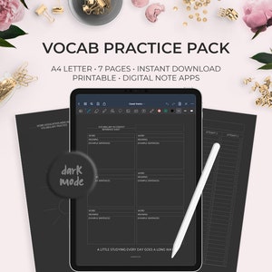 Dark Mode Vocab Practice Pack Printable Language Learning Sheets Worksheets Digital Study Student Spanish French German Japanese Korean