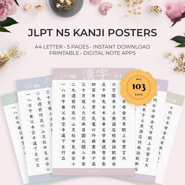 JLPT Beginner N5 Level Kanji Posters – Worksheets Practice Japanese Learn Characters Hiragana Katakana Kana Onyomi Kunyomi Language Learn
