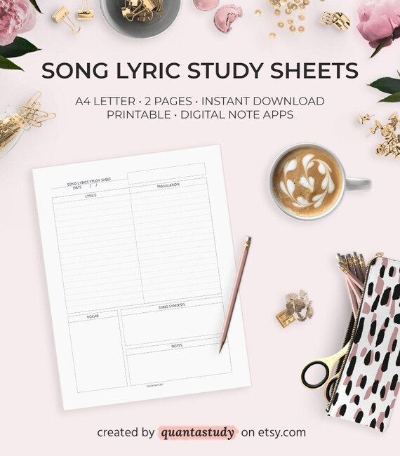 Song Lyric Study Sheets, Language Learning (PDF Download)