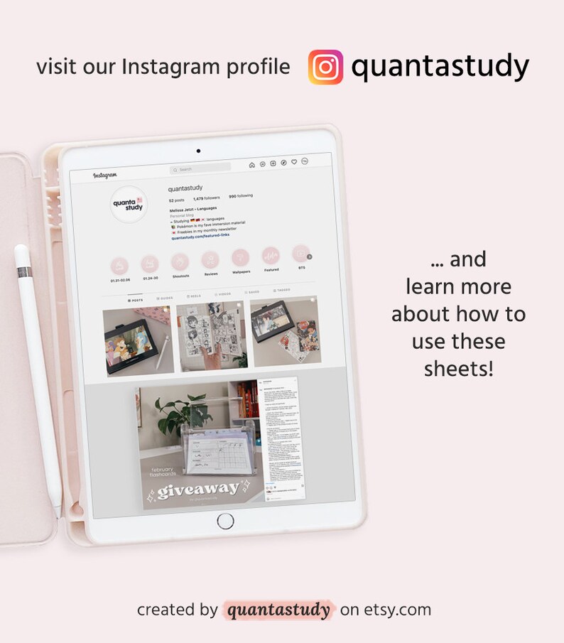 May include: A screenshot of an Instagram profile for quantastudy, showing a giveaway for a calendar. The profile has 1,478 followers and 999 following. The giveaway is for a calendar with the text "February Forecast" and "giveaway" written on it.