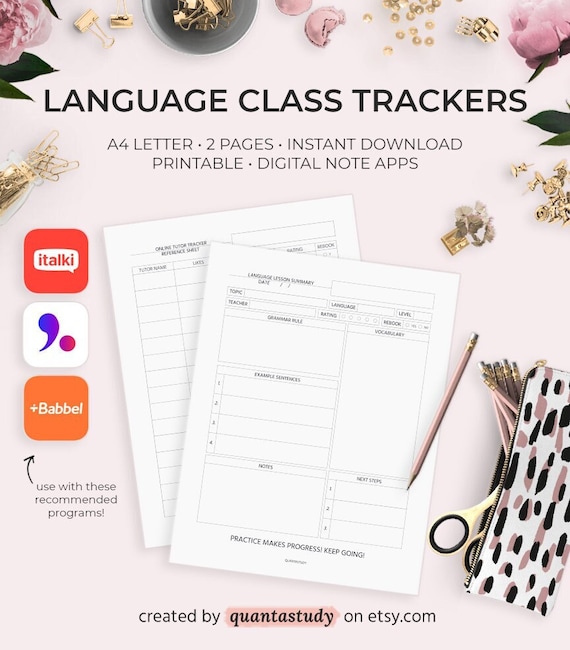 Language Learning Tracker, Tutor & Lesson Summary (PDF Download)