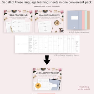 May include: A digital download pack of printable language learning sheets. The pack includes vocabulary practice sheets, grammar rule sheets, and 12 exclusive planning sheets. The pack also includes 4 digital planner covers. The image shows a sample of the sheets and covers.