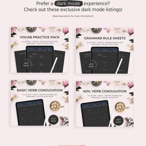 Op de afbeelding: Vier digitale plannerpagina's met een donker modus-thema. De pagina's zijn getiteld "Vocab Practice Pack", "Grammar Rule Sheets", "Basic Verb Conjugation" en "Adv. Verb Conjugation". Elke pagina heeft een donkere achtergrond met witte tekst en een donker modus-logo.