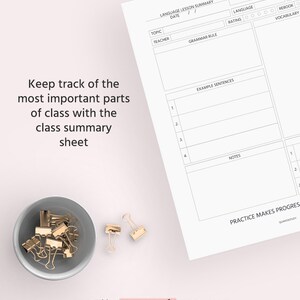 May include: A printable language lesson summary sheet with sections for topic, teacher, grammar rule, example sentences, notes, language, rating, rebook, and vocabulary. The sheet has a black and white design with a title that reads "Language Lesson Summary".