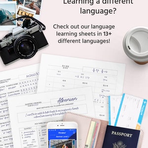 May include: A close-up of a language learning worksheet with the title "Albanian". The worksheet includes a section for quarterly priorities and a section for picking three skills to focus on. The worksheet also includes the text "What motivates you to learn this language?" and "I want to be able to talk freely to my husband's family without him having to translate for me."