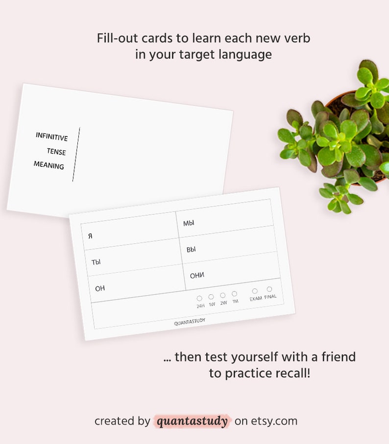 May include: White flash cards with black lines for learning Russian verb conjugations. The cards have spaces for the infinitive, tense, and meaning of the verb. The card also includes a section for practicing the verb with different pronouns, including "я", "ты", "он", "мы", "вы", and "они". The card also includes a section for tracking progress with checkboxes for 24 hours, 1 week, 2 weeks, 1 month, exam, and final.