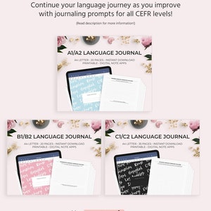 May include: Three digital journal covers with pink and white floral backgrounds. The covers are labeled "A1/A2 Language Journal", "B1/B2 Language Journal", and "C1/C2 Language Journal". Each cover features a tablet displaying a sample journal page with lines for writing.