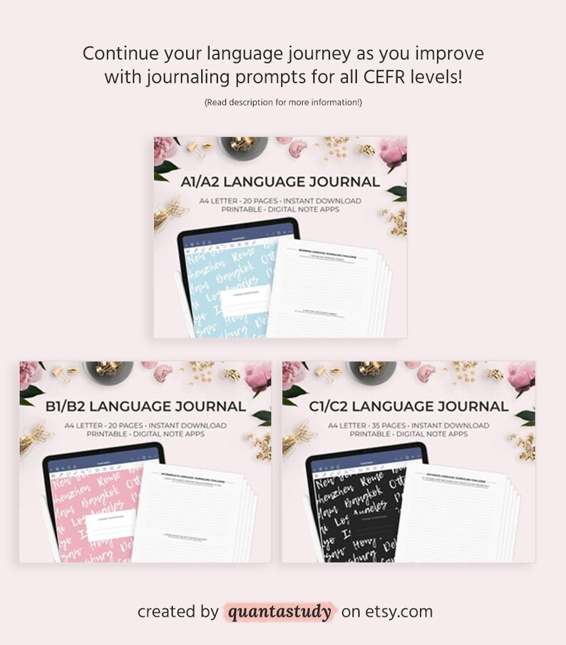 May include: Three digital journal covers with pink and white floral backgrounds. The covers are labeled "A1/A2 Language Journal", "B1/B2 Language Journal", and "C1/C2 Language Journal". Each cover features a tablet displaying a sample journal page with lines for writing.