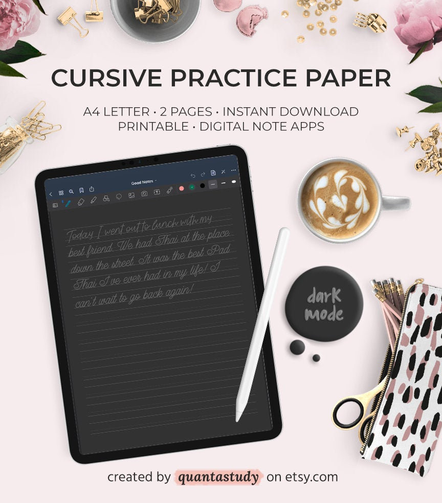 Dark Mode Tall-ruled Printable Penmanship Cursive Handwriting ...