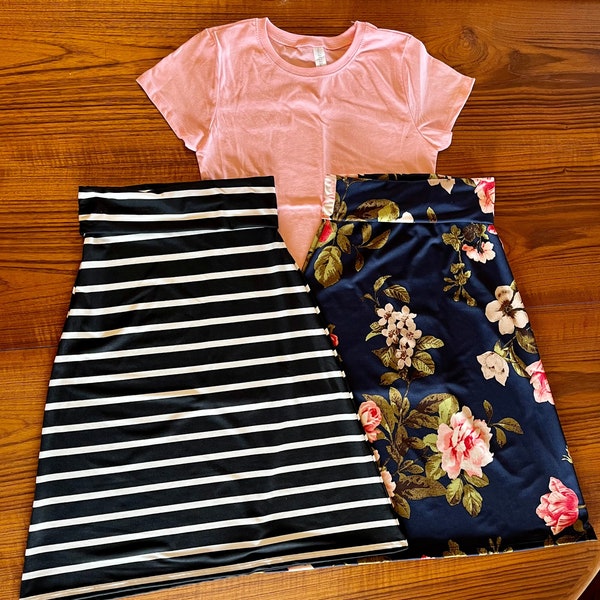 SETS, 2 Skirts and 1 Shirt, 1 Light Pink Shirt and 1 Black and Thin White Stripe Maxi Skirt and 1 Navy Floral Maxi Skirt