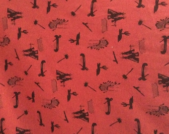 Red and Black Western Print Fabric, Thin Jersey Knit, By The Yard