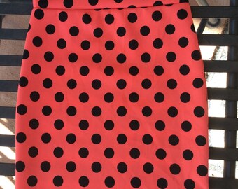 Girls Knit Pencil Skirt: Dark Coral, Black Polka Dot