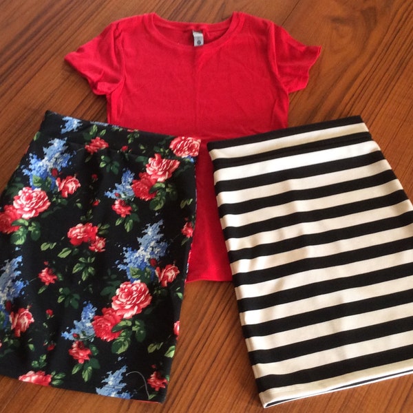 SETS  2 Skirt and 1 Shirt Set, 1 Red Shirt, Red rose Pencil Skirt , White and Black Stripe Pencil Skirt