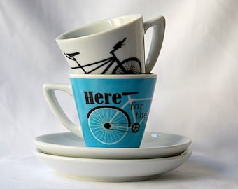 Set of 2 Espresso Cups and Saucers - Here for the Ride and Tandem