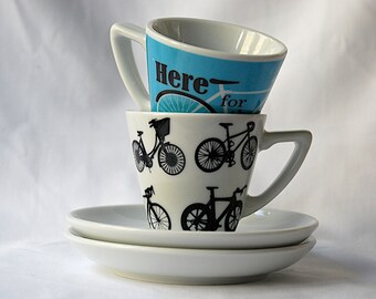 Set of 2 Espresso Cups and Saucers - Bikes! and Here for the Ride