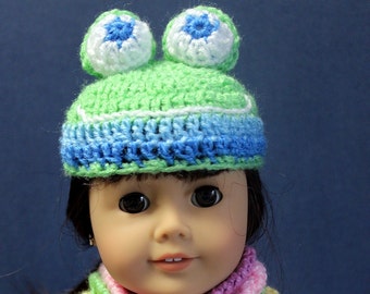 Hand crocheted Frog Hat and matching cowl for 18 inch doll