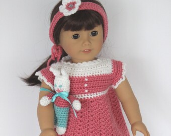 Hand crocheted nightgown, bunny slippers, headband & toy bunny for the 18 inch doll